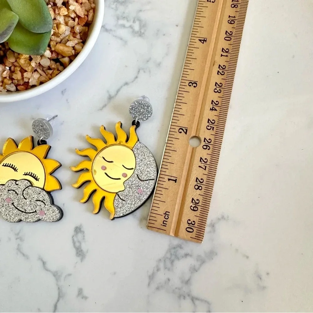 2/$30🌵 Sun & Moon Earrings Mirrored Acrylic Large Pop Art Celestial Glitter NEW